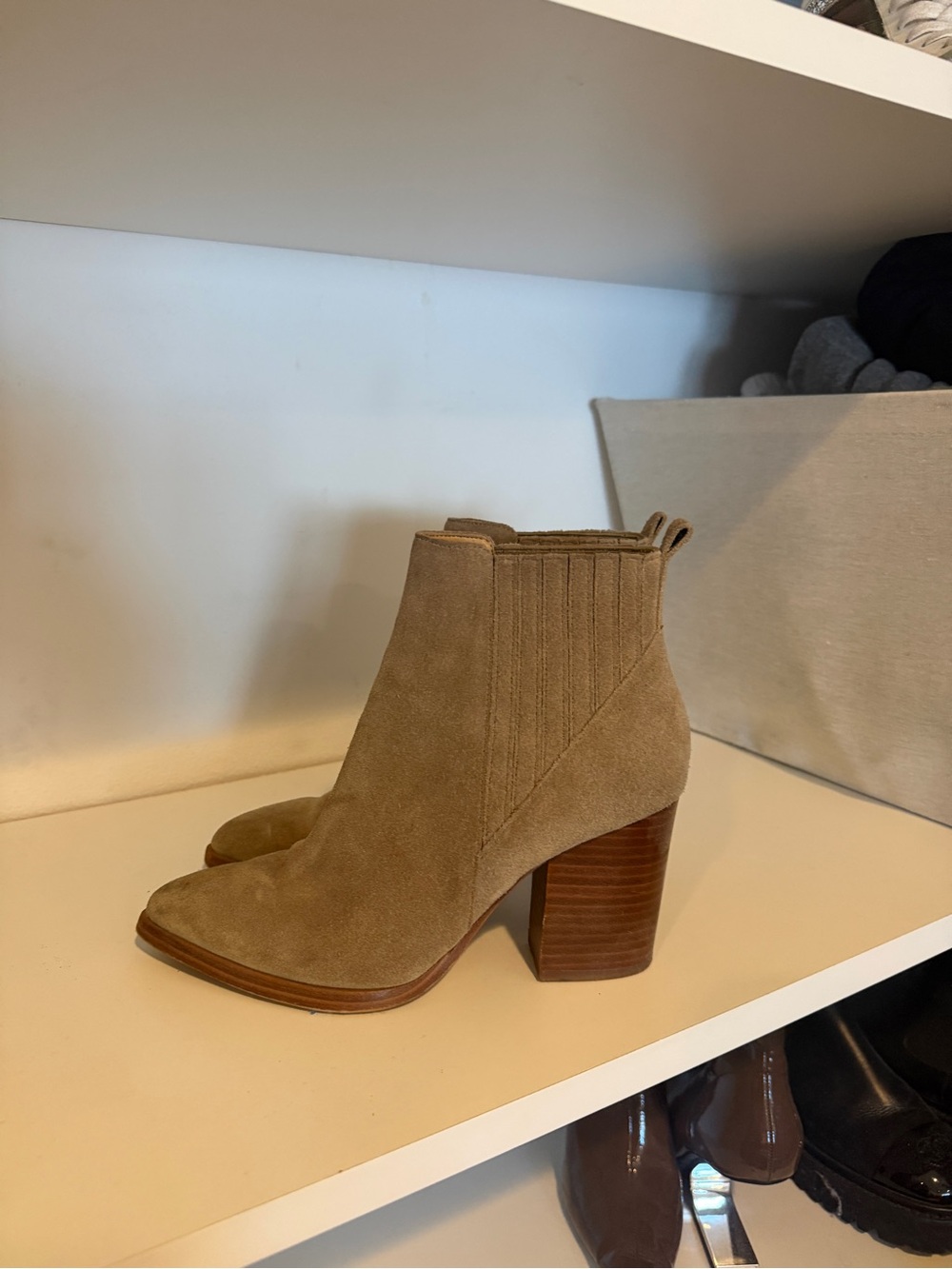 Marc Fisher Taupe Suede Ankle Booties with Block Heel
